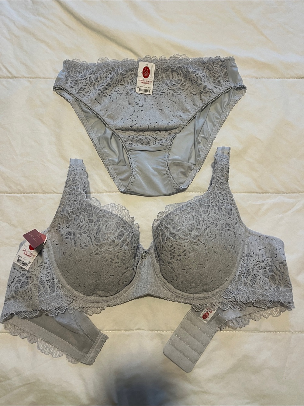 Lace Underwire Padded Bra & Bikini Set - Light Gray/Blue - 36D & Large - UNWORN!